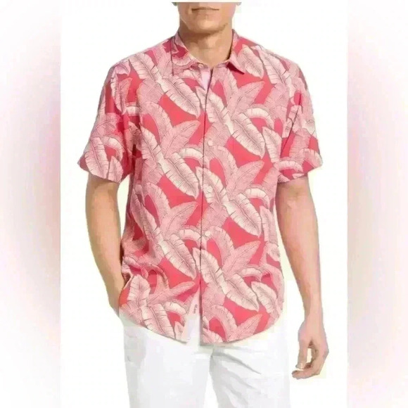 Tommy Bahama Grand Fronde Short Sleeve Silk Blend Button Up Shirt Pink Plume Sma - Picture 1 of 11